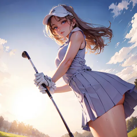 high quality,HD,16k,sharp lines,1 girl,Female golf athlete ,cute face, large breasts, nice legs,At the golf venue,focus girl,detailed beautiful face,detailed clothes,beautiful eyes,cool,dynamic angle