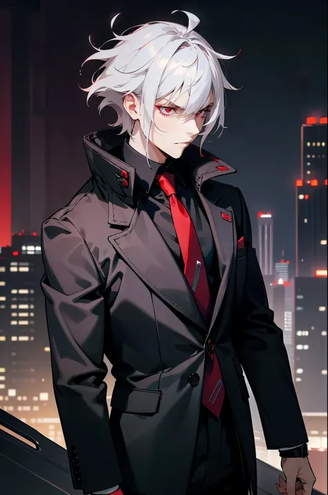 1male, adult, silver hair, short hair, black suit, red tie, red eyes, perfect generation, perfect eyes, black pants, fancy watch...