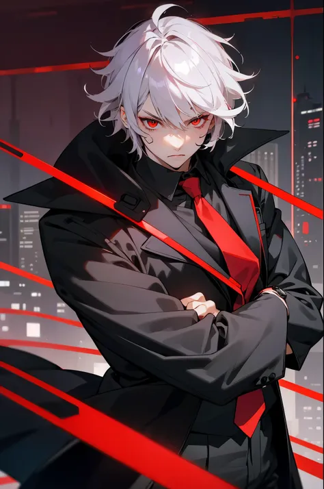 1male, adult, silver hair, short hair, black suit, red tie, red eyes, perfect generation, perfect eyes, black pants, fancy watch...