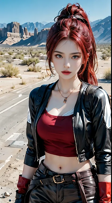 Photorealistic, high resolution, 1womanl, Solo,The background is in the desert, looking to the camera, (Detailed face), red hair, anger expression，SWAT vests, Gun, With black gloves，Fingers are occluded，exposing your navel,1 girl, solo, only one girl ,red ...