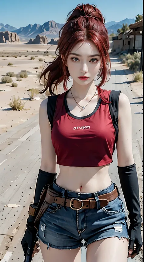 Photorealistic, high resolution, 1womanl, Solo,The background is in the desert, looking to the camera, (Detailed face), red hair, anger expression，SWAT vests, Gun, With black gloves，Fingers are occluded，exposing your navel,1 girl, solo, only one girl ,red ...