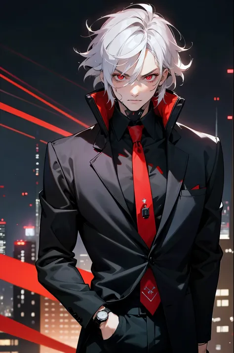 1male, adult, silver hair, short hair, black suit, red tie, red eyes, perfect generation, perfect eyes, black pants, fancy watch...