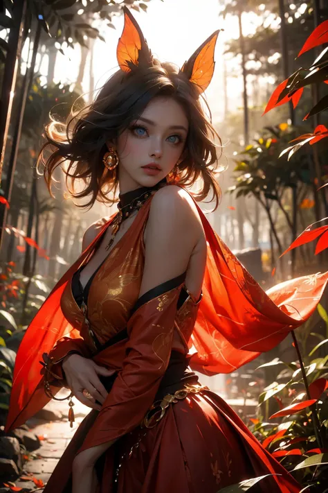 This is an ((ultra detailed)) and ((best quality)) fantasy (((masterpiece))). Generate a beautiful wood faerie standing in the middle of a magical forest. Detailed leaves of oranges and reds float through the air and seem to swirl in a strong gust of wind....