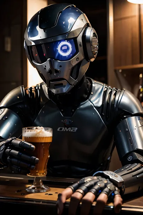 Um homem e um  homem robo, toasting cum beers in hand