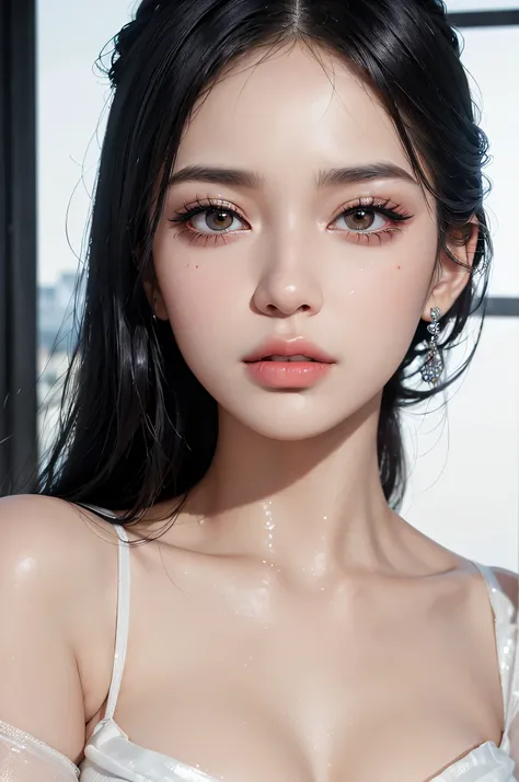 Raw art, ravishing beauty, detailed face, undergoing plastic surgery, oily white skin smeared with shiny, sweaty oil, beautiful nose, enlarged lips, eyes lined with black eyeliner, false eyelashes, foreground hair, flawlessly complex composition, realistic...