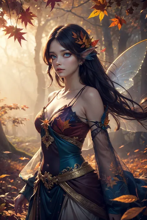 This is an ((ultra detailed)) and ((best quality)) fantasy (((masterpiece))). Generate a happy and beautiful wood faerie standing in the middle of a magical forest. Detailed leaves of oranges and reds float through the air and seem to swirl in a strong gus...