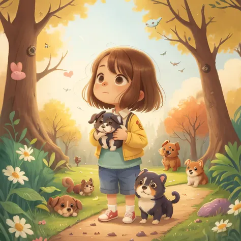 Girl in the park picks up a soft, caramel-colored puppy dog with white spots 