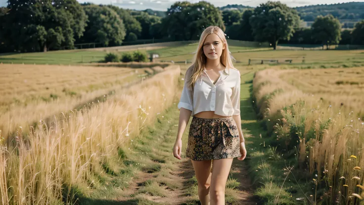 A young blond woman is walking in a field