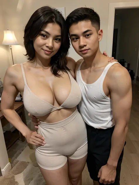 Gorgeous 55 years old ((matured)) malay step mom selfie with her 20 years old malay step son, she just wear tank top and tight short,lighting effect, romantic, room, big breast mom, upper body, mom and son scandle, incest, milf, seduce, tall boy, hugs, che...