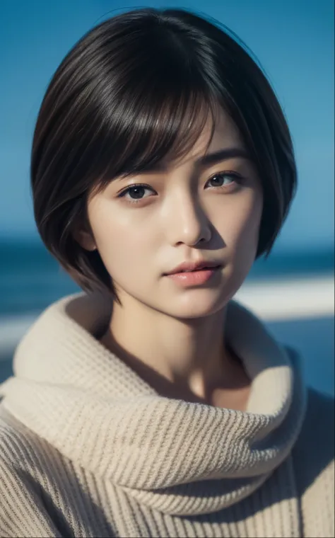 Cute Japan woman with short cut feeling cold on the beach in winter、Photorealsitic, highcontrast, 8K HD, detaileds, realistic skin textures, top-quality, 超A high resolution, Raw photo, Dramatic Lighting, unrealengine, Short-cut hairstyles,Beautiful girl mo...