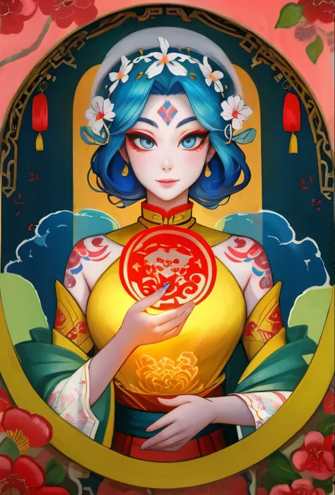 An ancient Chinese beauty, charming temperament, flowing long skirt, clear face, beautiful eyes, osmanthus surrounding, perfect body structure proportional masterpiece, super detailed, epic composition, color tattoo art, new traditional tattoo art, SD tatt...