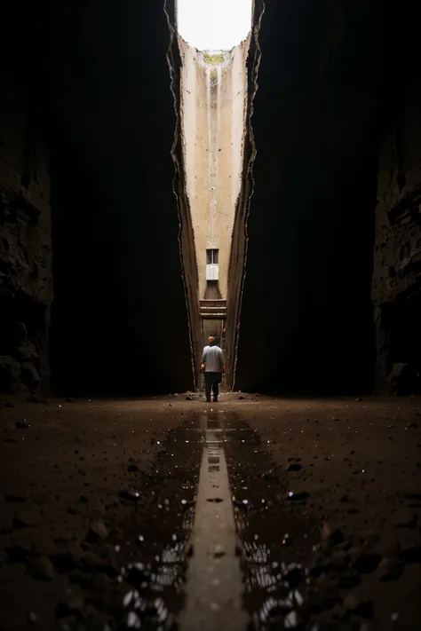 a person inside a dirty and dark vertical well bottom