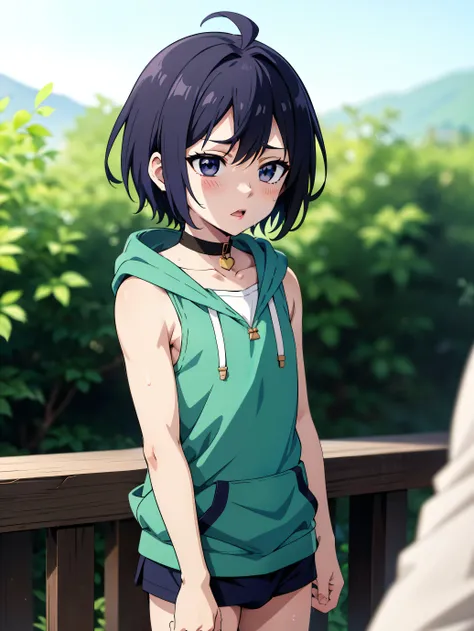 Highres, Masterpiece, Best quality at best,Best Quality,hight quality, hight detailed, 1boy, Boy,Fluffy hair, Side bangs, Shota, Sweat, Sleeveless hoodie, Femboy, Choker, Collarbone, Depth of field, Anime screencap style, thin line, Seen from the front, Li...