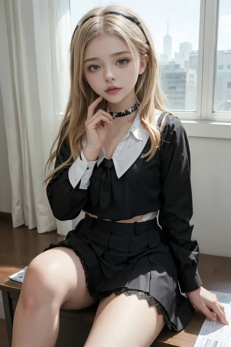 POV, Chloe Grace Moretz, School girl, white and black uniform, white and black skirt, black lace choker, looking at viewer, class room background, sitting on desk, seductive, 