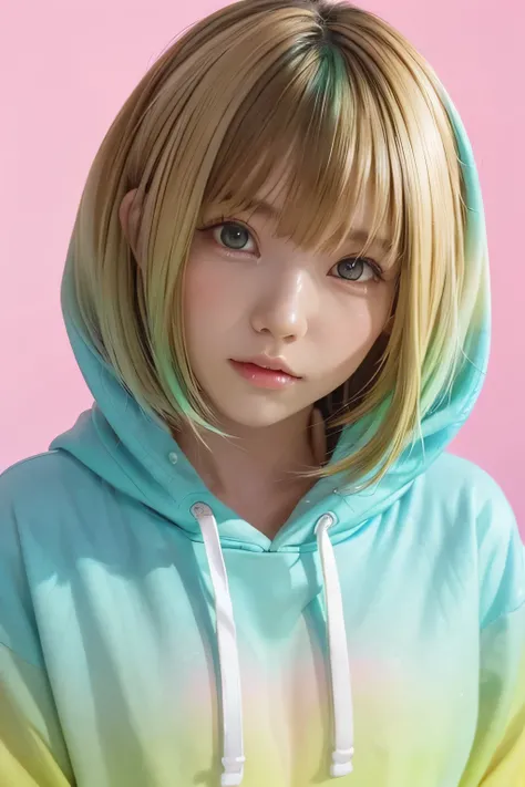 One girl, alone, alone focus, Cowboy Shot, Portraiture, Oversized hoodie, Aqua green and white hoodie, Half water color, Half Green, ((Brown Hair)), (Yellow Hair), (Gradient Hair :1.5), Curly Hair, ((Pink Eyes)), Ultra-detailed eyes, Sunburn, (Caramel blac...