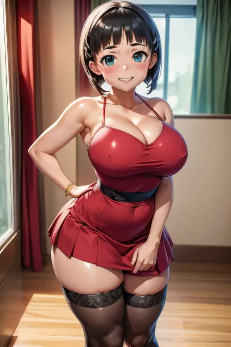 (high quelity), Kirigaya Suguha, JK, short red dress, thight stockings, mischievous smile, light blush, looking at viewer, huge breasts, precise hands, sexy pose, detailed ball in the background, high heels, bend knee, cleavage