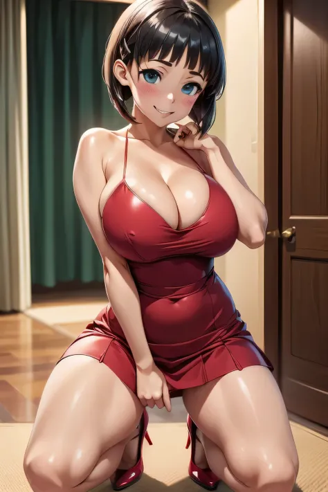 (high quelity), Kirigaya Suguha, JK, short red dress, thight stockings, mischievous smile, light blush, looking at viewer, huge breasts, precise hands, sexy pose, detailed ball in the background, high heels, bend knee, cleavage