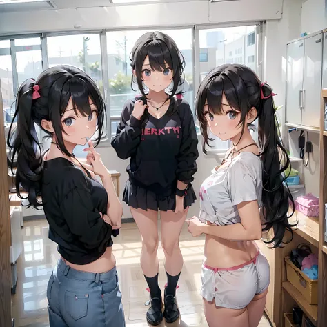 ((three girls are sticking out their big butt boldly)),  ((body shot:1.2)), (School changing room), ((Laughing with your mouth open)), slender, hair band, Headband, hair bobbles, brown hair, blond hair, navel, jewelry, looking at viewer, necklace, long hai...