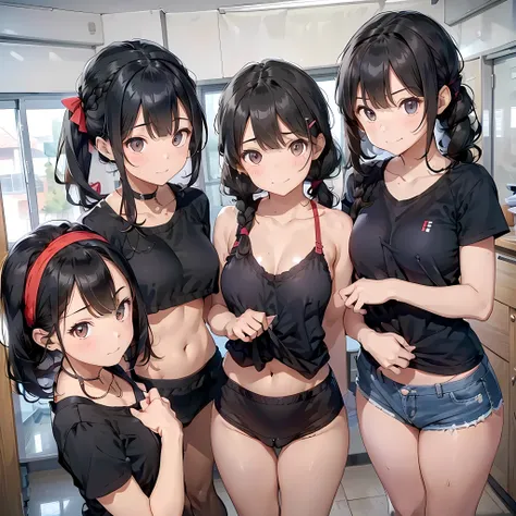 ((three girls are sticking out their big butt boldly)),  ((body shot:1.2)), (School changing room), ((Laughing with your mouth open)), slender, hair band, Headband, hair bobbles, brown hair, blond hair, navel, jewelry, looking at viewer, necklace, long hai...