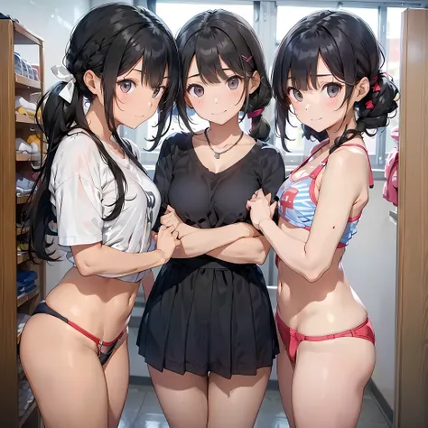 ((three girls are sticking out their big butt boldly)),  ((body shot:1.2)), (School changing room), ((Laughing with your mouth open)), slender, hair band, Headband, hair bobbles, brown hair, blond hair, navel, jewelry, looking at viewer, necklace, long hai...