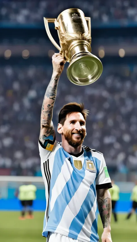 messi, the argentine star、wearing the blue and white stripes of the argentina national team jersey、holding the hercules cup high...