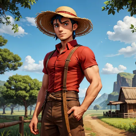 avatar/persona of a farmer with a red chad shirt and a straw hat styled as a company avatar