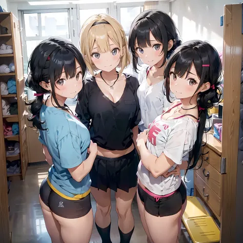 ((three girls are sticking out their big butt boldly)),  ((body shot:1.2)), (School changing room), ((Laughing with your mouth open)), slender, hair band, Headband, hair bobbles, brown hair, blond hair, navel, jewelry, looking at viewer, necklace, long hai...