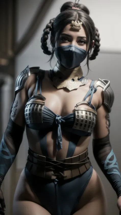 8k, best quality, real picture, intricate details, ultra-detailed, ultra highres, depth field,(photorealistic,realistic:1.2),masterpiece,photo of  kitana, wearing a blue leotard, mouth mask, brown eyes, black hair, hair bun, solo, sun, blue sky,
best quali...