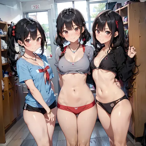 ((masterpiece, best quality, ultra quality, high quality, hyper detailed, intricate detailed, perfect anatomy, shiny skin)), ((three girls are sticking out their big butt boldly)), (body shot:1.4), (big butt), (In the school changing room),  (smile, shy, r...