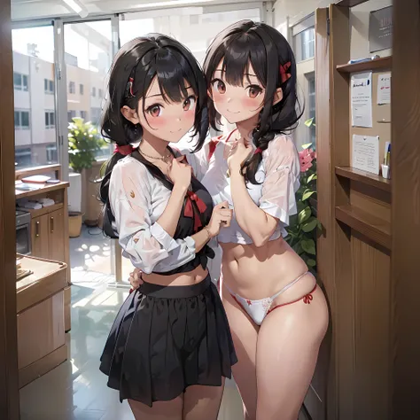 ((masterpiece, best quality, ultra quality, high quality, hyper detailed, intricate detailed, perfect anatomy, shiny skin)), ((three girls are sticking out their big butt boldly)), (body shot:1.4), (big butt), (In the school changing room),  (smile, shy, r...