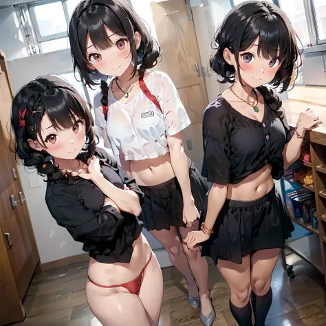 ((masterpiece, best quality, ultra quality, high quality, hyper detailed, intricate detailed, perfect anatomy, shiny skin)), ((three girls are sticking out their big butt boldly)), (body shot:1.4), (big butt), (In the school changing room),  (smile, shy, r...