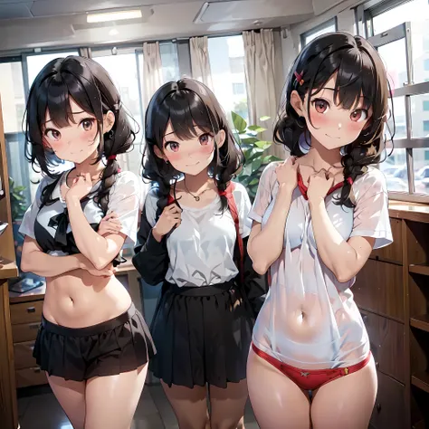 ((masterpiece, best quality, ultra quality, high quality, hyper detailed, intricate detailed, perfect anatomy, shiny skin)), ((three girls are sticking out their big butt boldly)), (body shot:1.4), (big butt), (In the school changing room),  (smile, shy, r...