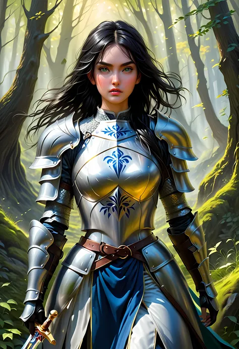 a picture of woman paladin of nature protecting the forest, a woman knight, black hair, long hair, full body (best details, mast...