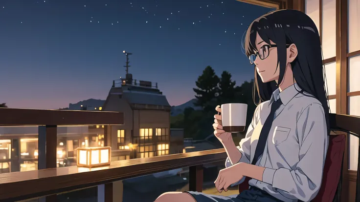 Ghibli, anime,Night view, A 20-year-old with a gentle face, wearing a dress shirt and a tie, sitting on a denim chair and drinking coffee alone, a girl wearing glasses, listening to music happily while drinking coffee, long hair, high-resolution,,