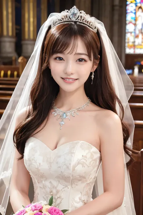 (highest quality、Tabletop、8k、Best image quality、Award-winning works)、One beautiful bride、(alone:1.1)、(The most extravagant and luxurious huge wedding dresses:1.1)、(Perfect Wedding Lace:1.2)、(The most luxurious and luxurious giant tiara:1.1)、(The most luxur...