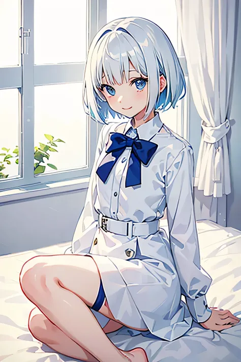 otoko no ko , otokonoko,White bob cut,Blue eyes,Smile,background bed