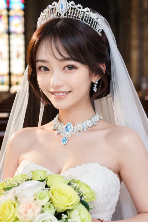 (highest quality、Tabletop、8k、Best image quality、Award-winning works)、One beautiful bride、(alone:1.1)、(The most extravagant and luxurious huge wedding dresses:1.1)、(Perfect Wedding Lace:1.2)、(The most luxurious and luxurious giant tiara:1.1)、(The most luxur...