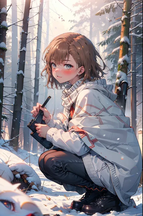 mycotrose, brown eyes,brown hair,short hair,smile,blush,white breath,
open your mouth,snow,ground bonfire, outdoor, boots, snowi...