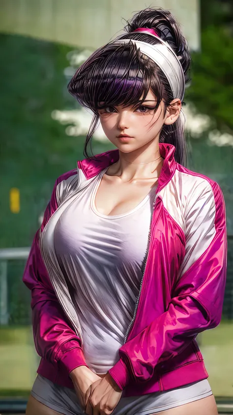 shokokomidef, purple hair, purple eyes, long hair, large breasts, thick thighs, curvy hips
looking at viewer, white shirt, red hairband, collarbone, outdoors, day, shirt, parted lips, swept bangs, headband, ponytail, gym uniform, tree, bangs, jacket, track...