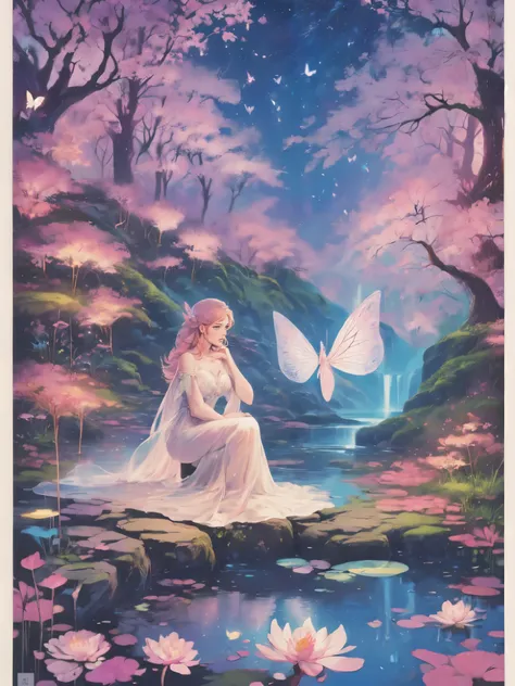 ((best quality)), ((masterpiece)), (detailed), ethereal beauty, perched on a pink blossom tree, (fantasy illustration:1.3), enchanting gaze, captivating pose, solo girl, delicate butterfly wings, otherworldly charm, mystical sky, (Luis Royo:1.2), (Yoshitak...