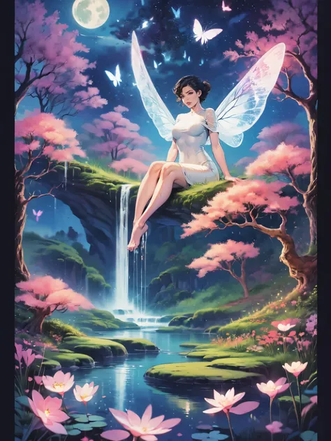 ((best quality)), ((masterpiece)), (detailed), ethereal beauty, perched on a pink blossom tree, (fantasy illustration:1.3), enchanting gaze, captivating pose, solo girl, delicate butterfly wings, otherworldly charm, mystical sky, (Luis Royo:1.2), (Yoshitak...