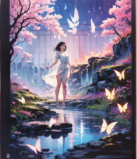 ((best quality)), ((masterpiece)), (detailed), ethereal beauty, perched on a pink blossom tree, (fantasy illustration:1.3), enchanting gaze, captivating pose, solo girl, delicate butterfly wings, otherworldly charm, mystical sky, (Luis Royo:1.2), (Yoshitak...