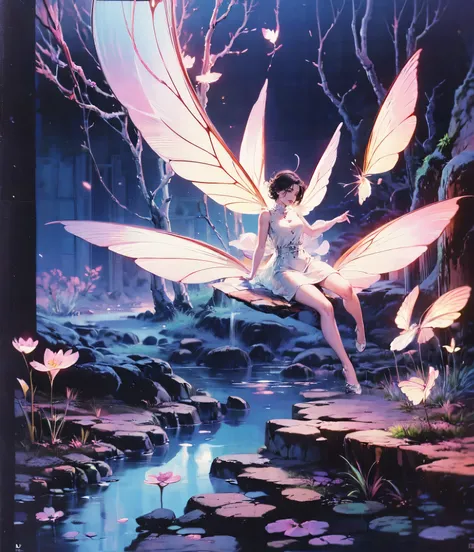 ((best quality)), ((masterpiece)), (detailed), ethereal beauty, perched on a pink blossom tree, (fantasy illustration:1.3), enchanting gaze, captivating pose, solo girl, delicate butterfly wings, otherworldly charm, mystical sky, (Luis Royo:1.2), (Yoshitak...