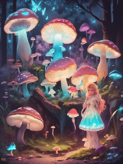 a picture of an exquisite beautiful female fairy sitting on a (Bioluminescent Mushroom: 1.4) under the starry night sky at the forest, dynamic angle (ultra detailed, Masterpiece, best quality), ultra detailed face (ultra detailed, Masterpiece, best qualit...