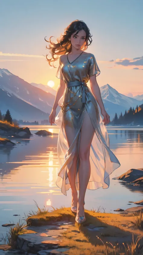 1 girl, happy expression, charming eyes, straight long hair, flowing skirt, big, looking at the sun, calm posture, porcelain-like skin, subtle blush, crystal pendant BREAK Golden Hour, (edge lighting): 1.2, cool colors, sun flare, soft shadows, bright colo...