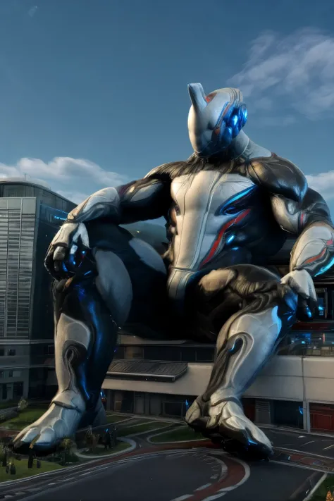 (full body), no human, warframe, robot, excalibur, helmet, bodysuit, macro, muscular, lounging on a tiny building