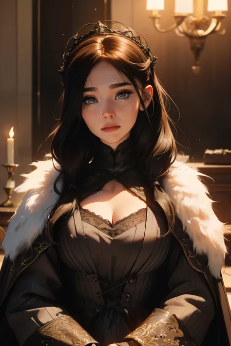 (Masterpiece: 1.3), (Max resolution: 1.2), (Ultra HDTV: 1.2), cinematic color grading, 8K resolution, Highly detailed attire and accessories authentic to Catlyn Stark from the Game of Thrones series, highly accurate anatomy, intricately designed noblewoman...