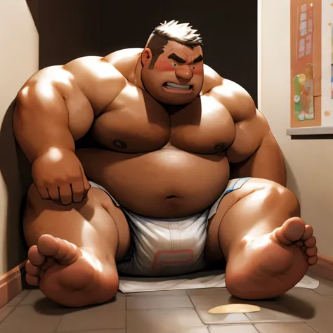 masterpiece, Top quality, in 32K, perfect anatomy, hyper detailed, super fine illustration, The thick man is a brutal prisoner, retarded, hairy, human, 50yo in japan, (fatness: 1.0), Fatty muscle, Bowleg, disappointment, incontinent, be diaper check by chi...