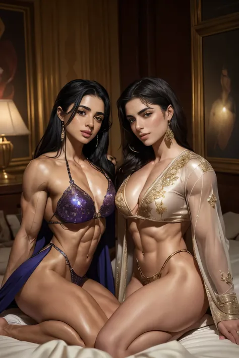 ((((Scheherazade and Dunyazad sit on the bed, One Thousand and One Nights)))), Ancient Persian Palace, dark starry night background, (((2 sisters of female bodybuilder wearing short translucent robe))), cute girls, smile, (((very muscular body, veins, port...