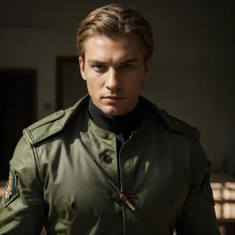 (best quality,4k,8k,highres,masterpiece:1.2),ultra-detailed,(realistic,photorealistic,photo-realistic:1.37),man,blond hair,brilliantly sculpted face,thin nose,strong jawline,grey-green eyes,intense gaze,dressed in a striking black Russian military outfit,w...